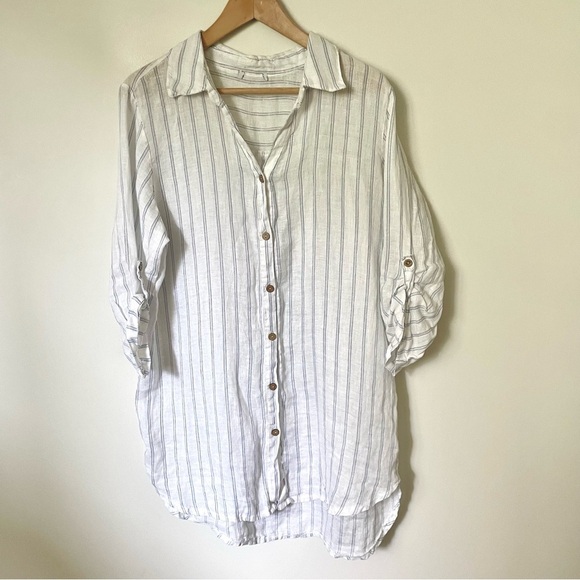 Made in Italy 100% Linen White and Blue Stripe Oversized Button Down Top Size M - Picture 9 of 10